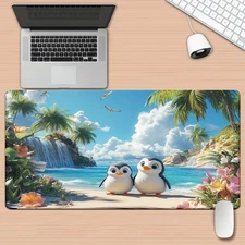 40*90cm XXL Penguins on Tropical Beach Mouse Pad - Non-Slip Rubber Base, Vibrant