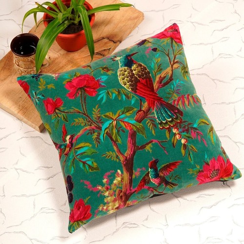 Velvet Green Bird Cushion Cover Pillow Throw Ethnic Indian Handmade