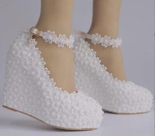 Womens Wedding Dress Flower Lace Pearl Ankle Strap Platform Wedge Heel Shoes New