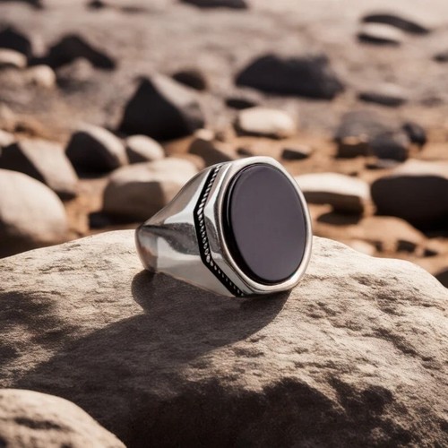 Men's Black Onyx Signet Ring Silver Vintage Gothic Biker Fashion Jewelry - Picture 5 of 5