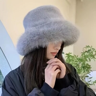 Womens Real Rabbit/rex Fur Hat Bowler Hat Warm Beanie W Fox Fur Brim