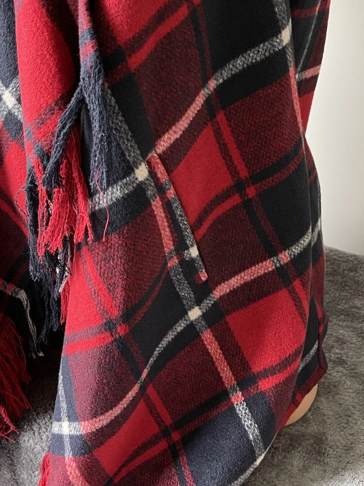 Женский жилет пончо в клетку с капюшоном Tartan Check Plaid Wrap Duster M красный темно-синий - Изображение 3 из 4