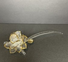 Art Glass Rose Hand Blown Crystal w/ Gold Accent Figurine Hand Crimped Leaf 7”