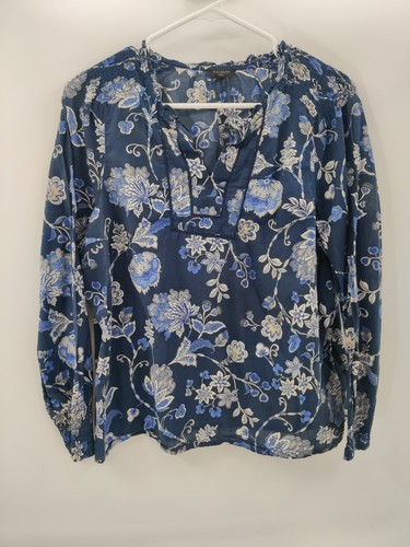 Talbots Top Damen XL Petite Preppy blau transparent Blumen Boho V-Ausschnitt Bluse