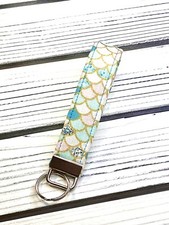 Key Fob Hand Made/ Mermaid print Fabric/ Key Chain/ wristlet/ birthday/ blue