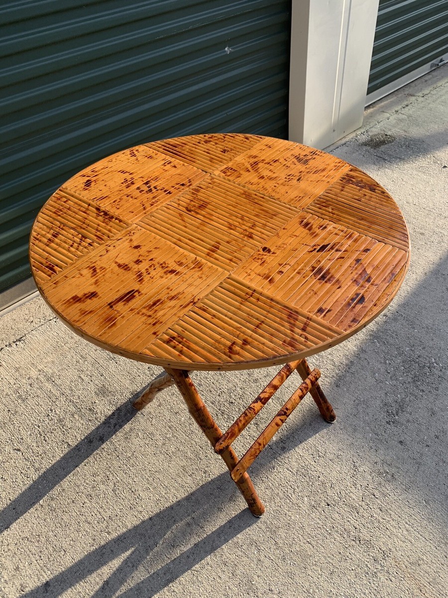 Vintage Bamboo Tortoise Shell Folding Bistro Table MCM 70s Rattan