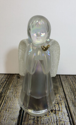 VINTAGE FENTON GLASS IRRIDESCENT FROSTED WING ANGEL HOLDING GOLD BIRD 