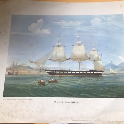 Vintage Print Titled  USS Constellation  by De Simone Naples Italy 1862