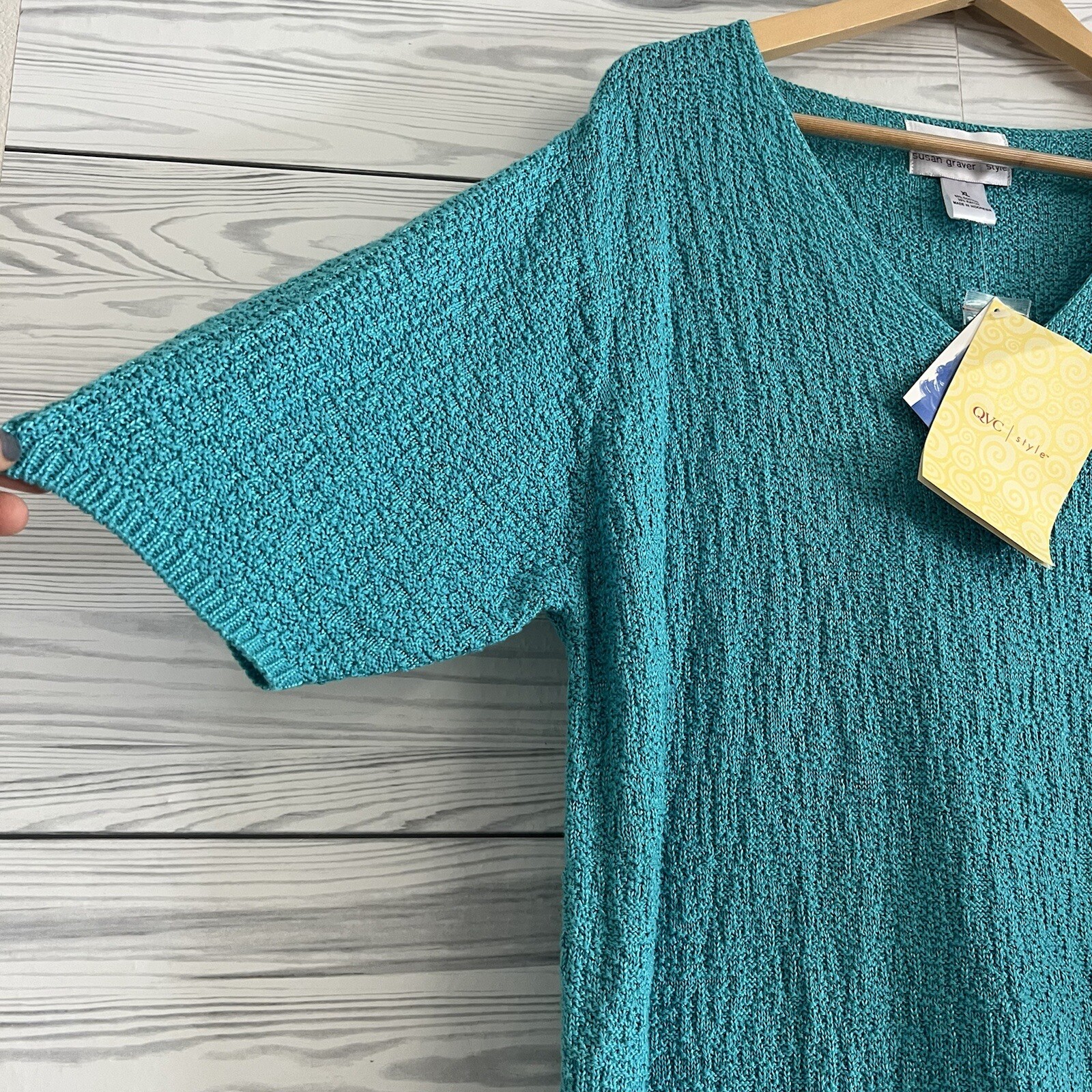 Susan Graver Sweater Womens XL Green Blue Short Sleeve Scramble Knit