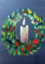 ACEO ORIGINAL oil painting  - Christmas Wreath - 2.5x3.5 in artist MK