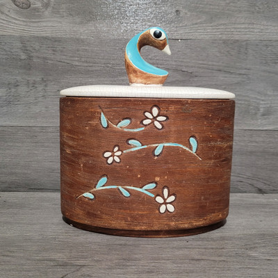 Rare Brayton Laguna Turquoise Floral Bird Decorative 10  Pottery Box Lid Vintage