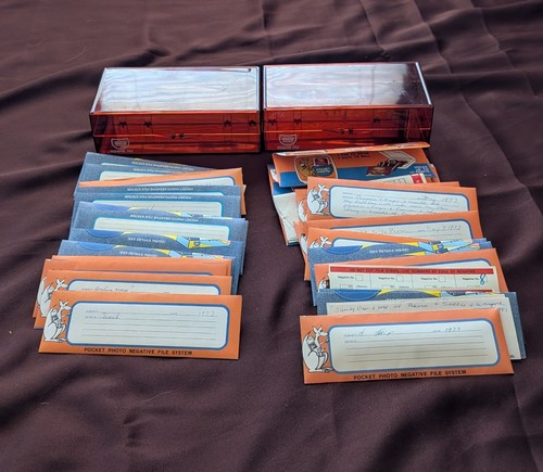 Vintage Lot Of 2 Pocket Photo Negative File Box Brown Plastic With Negatives