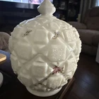 Vintage Westmoreland Quilted Pattern Milk Glass Candy Jar Dish With Lid Flowers