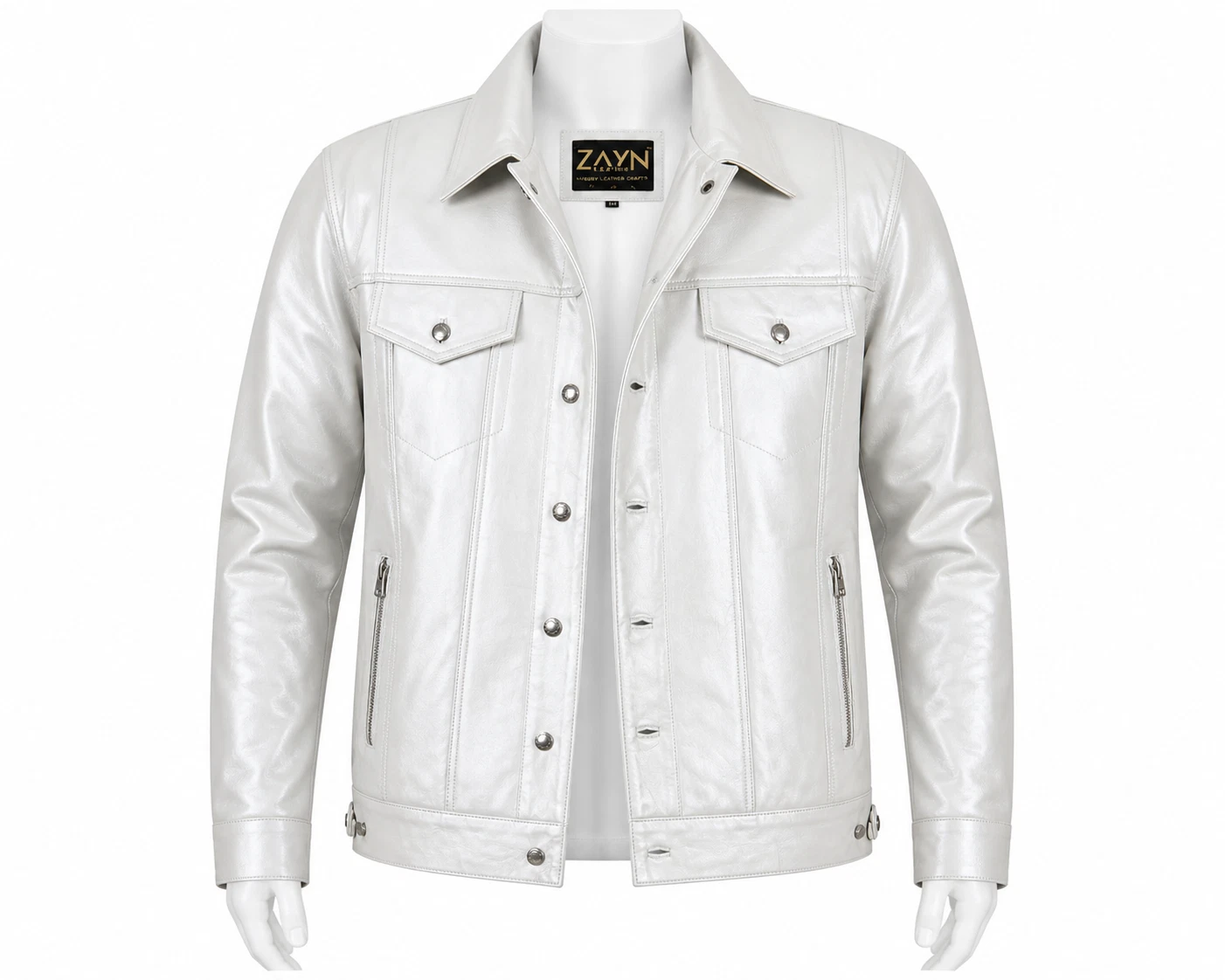 Men’s Metallic Silver Leather Jacket Real Lambskin Trucker Style Buttoned Coat