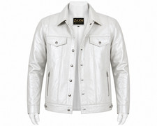 Men  s Metallic Silver Leather Jacket Real Lambskin Trucker Style Buttoned Coat