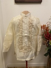Barong Tagalog Men Chinese Collar Small Organza Embroidery Accent Double Lining.