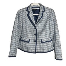 Talbots Petites 4P Tweed Blazer Jacket Blue White Navy Trim Lined Career Style