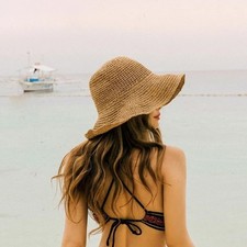 Ladies Beach Straw Sun Bucket Hat, Floppy Foldable Wide Brim Womens, Brown