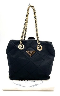 Auth Prada Quilted Triangle Logo Tessuto Nylon Black Chain Handbag W/D NS040807