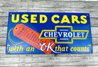 VINTAGE CHEVROLET USED CARS 12X6" OK SALES & SERVICE GASOLINE PORCELAIN OIL SIGN