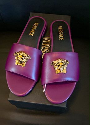 Versace Men's Purple Leather Slide Sandals Medusa Head Logo US 7