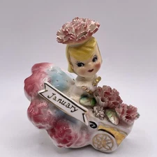 Rare vtg HTF Norcrest Miss Carnation January Flower of Month Girl Figure Cart