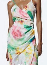 Women’s Multicoloured Floral Chiffon Slip Midi Dress V-Neck Tie-Back S