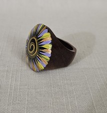 Dark Wood Statement Ring Hand Painted Design Multicolor Spiral Flower Size 8.5