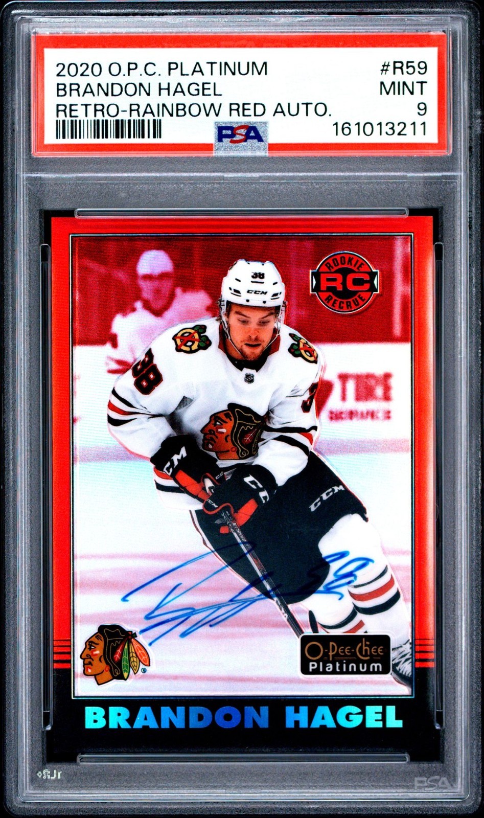 2020-21 O-Pee-Chee Platinum #R-59 Brandon Hagel Red Rainbow Auto PSA 9