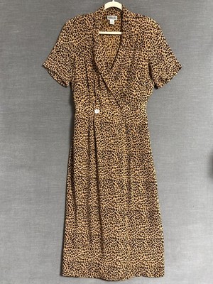 Vintage Robbie Bee Dress 12 Brown Leopard Animal Print Silk Midi 90s Maximalist