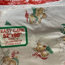 Vintage Carnation Plastics Christmas Flannel Backed Tablecloth 52x90" Bears Snow