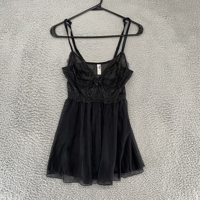 DKNY Babydoll Lingerie Womens Small Black Lace Sheer Mesh Nightie Sleepwear Sexy