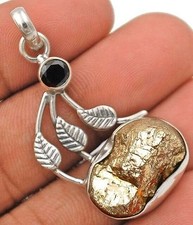 Leaf Natural Golden Pyrite Druzy & Tourmaline 925 Sterling Silver Pendant @8-4