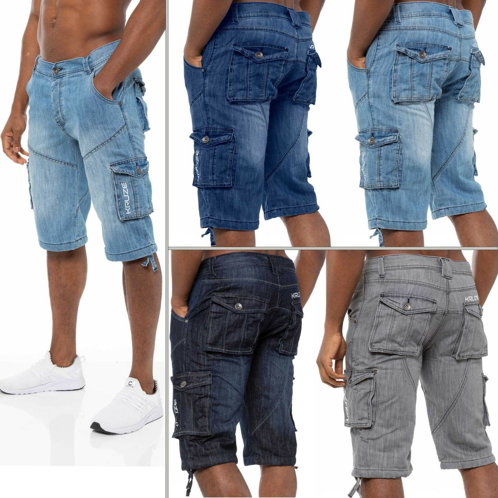 Kruze Mens Cargo Shorts Combat Denim Jean Shorts Summer Knee Length Half  Pants