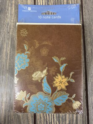 American Greetings Brown Gold Blue Floral 10 Note Cards With Envelopes