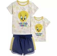 Looney Tunes Tweety Bird Girls Short Set 2 Pc Set Sz 4 Flip Sequin NEW
