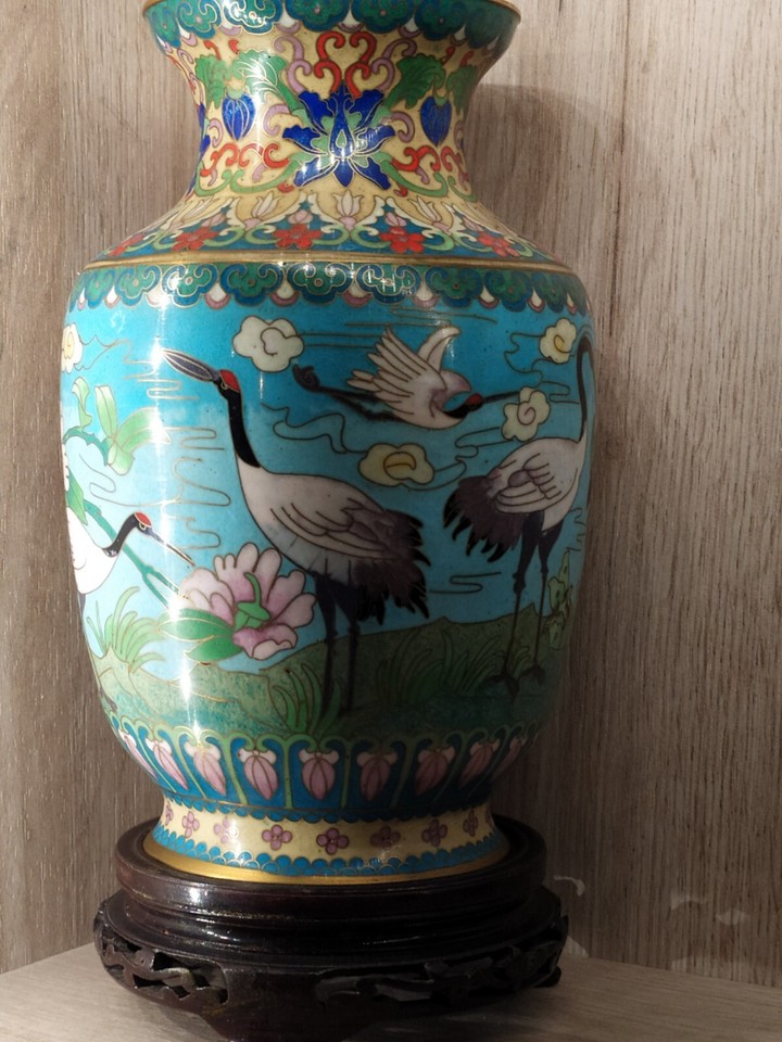 Vase Cloisonné Chinois Ancien - Décor Oiseaux Et Fleurs Polychrome - Très Bon état