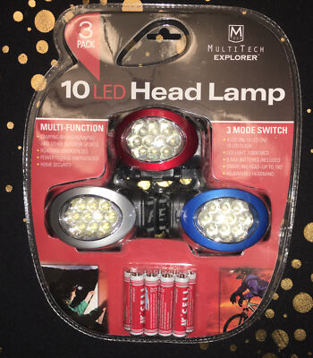 Three Pack 10 LED Head Lamps, Brand NEW Multi Function 3 Mode Switch