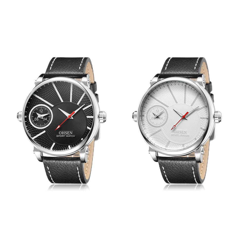 OHSEN Quartz Man Male Wristwatch Military Leather Band Black Dial 30m Swim  Gift