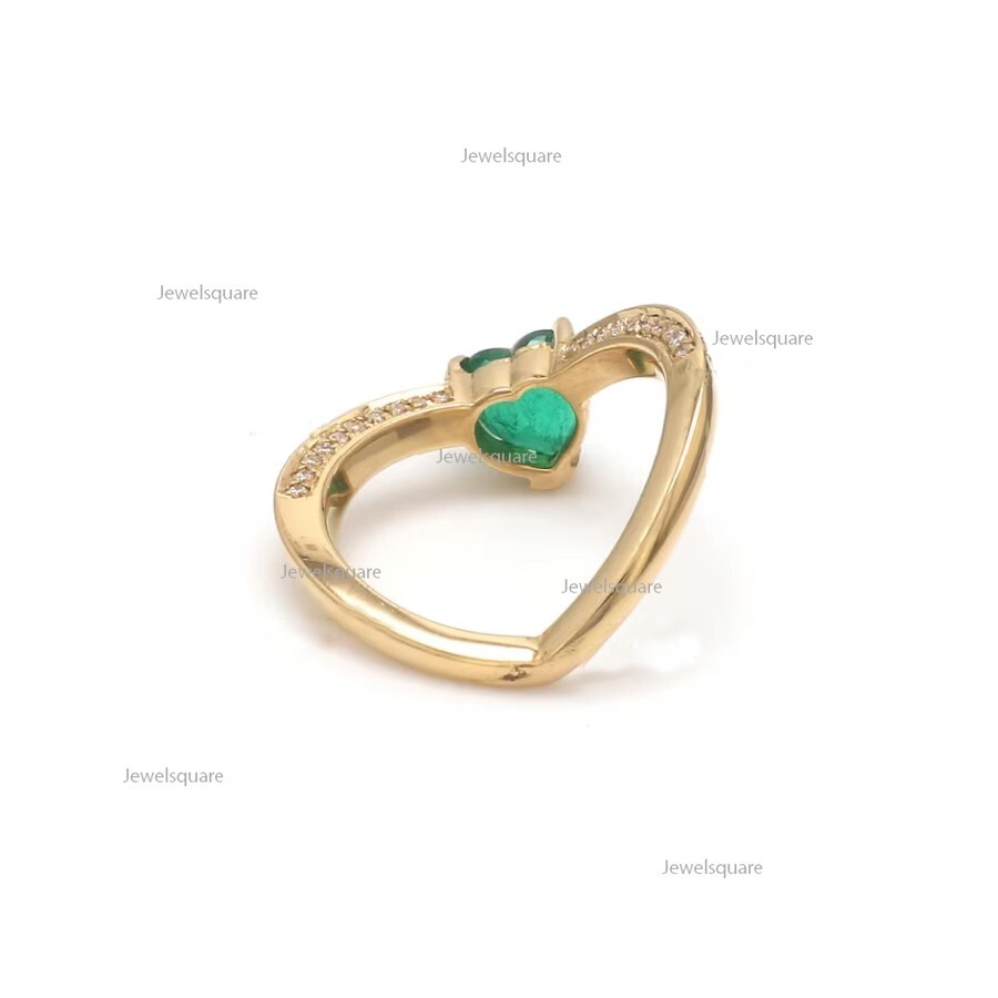 Heart Natural Emerald & Natural Diamond Curve Band Ring 14k Gold Heart