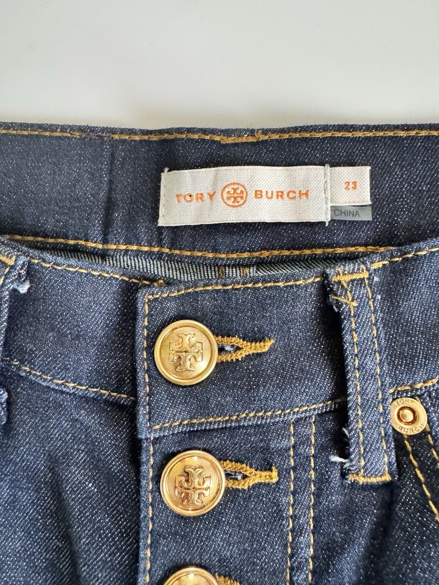 Tory Burch Gold Logo Button Front High Waisted Straight Leg