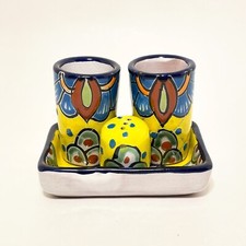 Juego de tequilero mexicano Talavera ~ 2 vasos de chupito de tequila, salero y bandeja