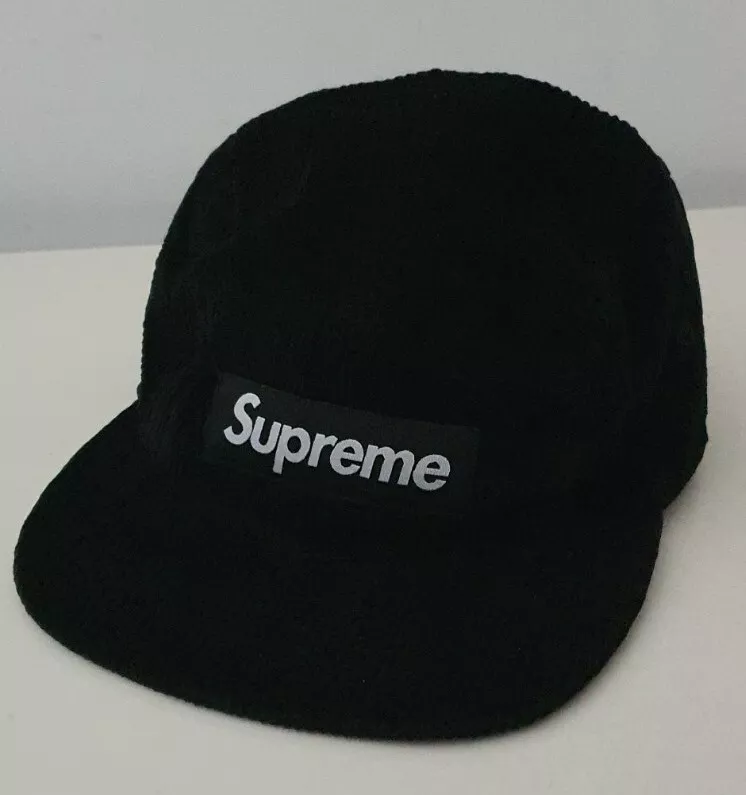 Casquette de camp SS18 Supreme velours côtelé noir logo boîte à chapeau