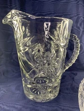 Vintage Pressed Glass Star and Burst Juice Milk Pitcher with Ribbed Handle