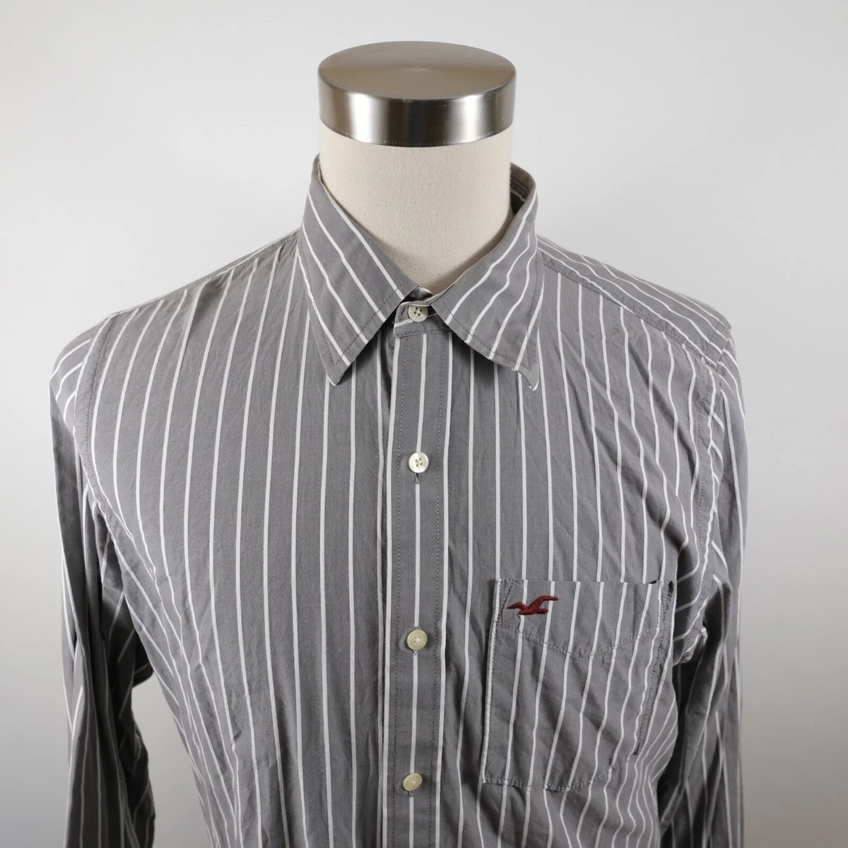 Hollister Mens Cotton Long Sleeve Button Up Gray White Striped Dress Shirt  XL