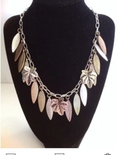 Tri Color Necklace Leaf Dangle Goldtone Bronze Bib Style Rose Jewelry Earring