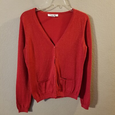 Forever 21 Womens Red Sparkly V Neck Button Up Long Sleeve Sweater Cardigan Med