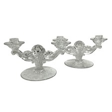 Elegant Clear Glass Double Arm Intricately Etched Floral Design Candle Holders