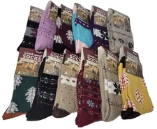 12 Pairs Women Lamb Wool Crew Socks, Warm Winter Heavy Duty Boot ASSORTED PRINTS