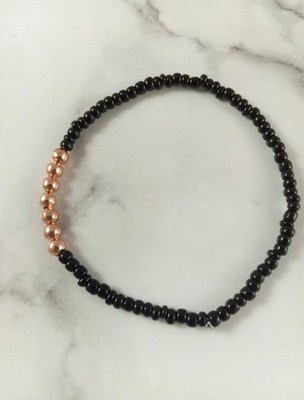 Schwarzes Armband Rosegold Stretch 3 mm zierliche Saatperlen Damen 6,5'' stapelbar 